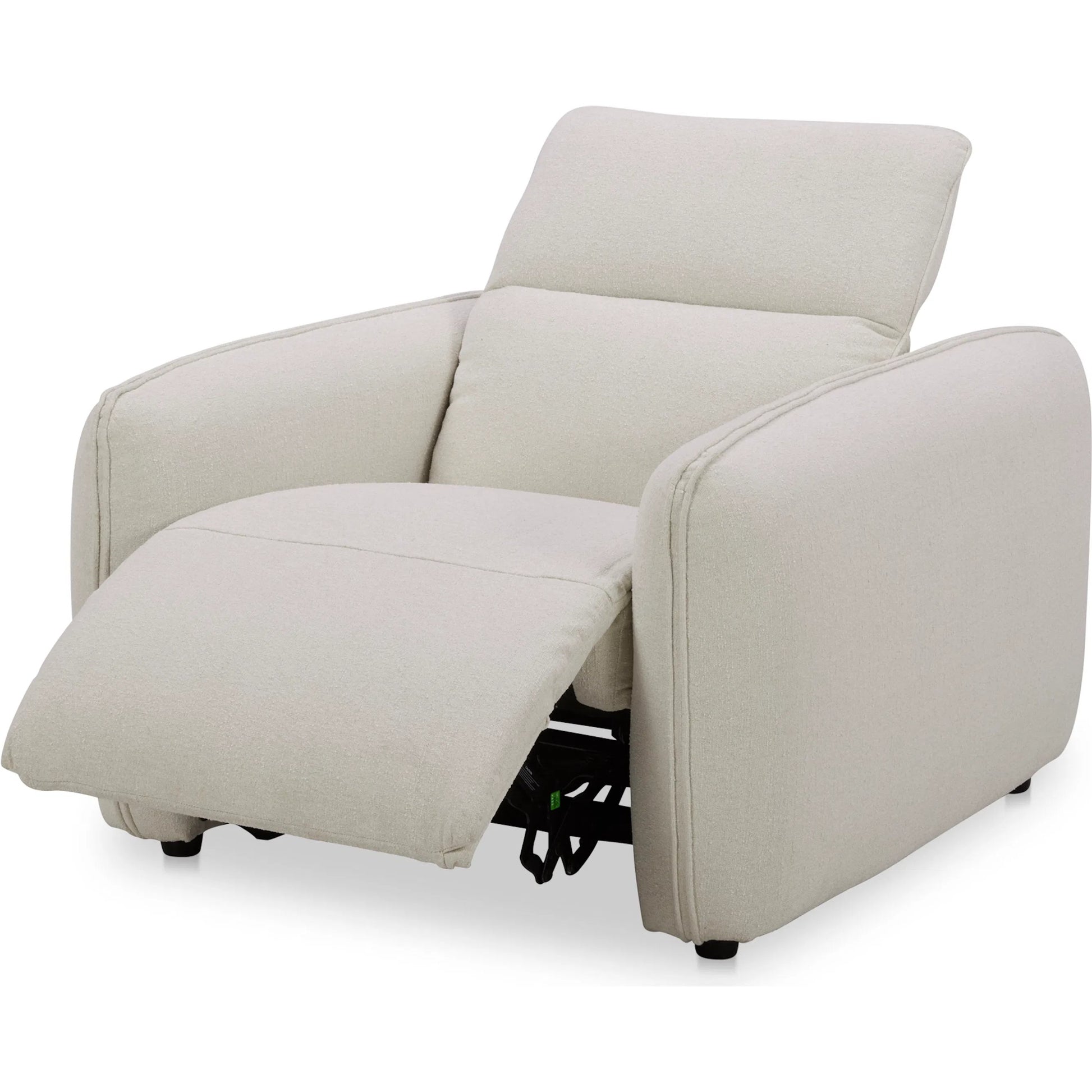 Eli Power Recliner Chair by Moe's Home Collection. Made from 100% polyester, solid wood, plywood, high density foam, polyfill cushions, plastic black legs in a unique style.