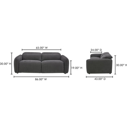 Eli Power Recliner Sofa by Moe's Home Collection. Made from 100% polyester, solid wood, plywood, high density foam, polyfill cushions, plastic black legs in a unique style.