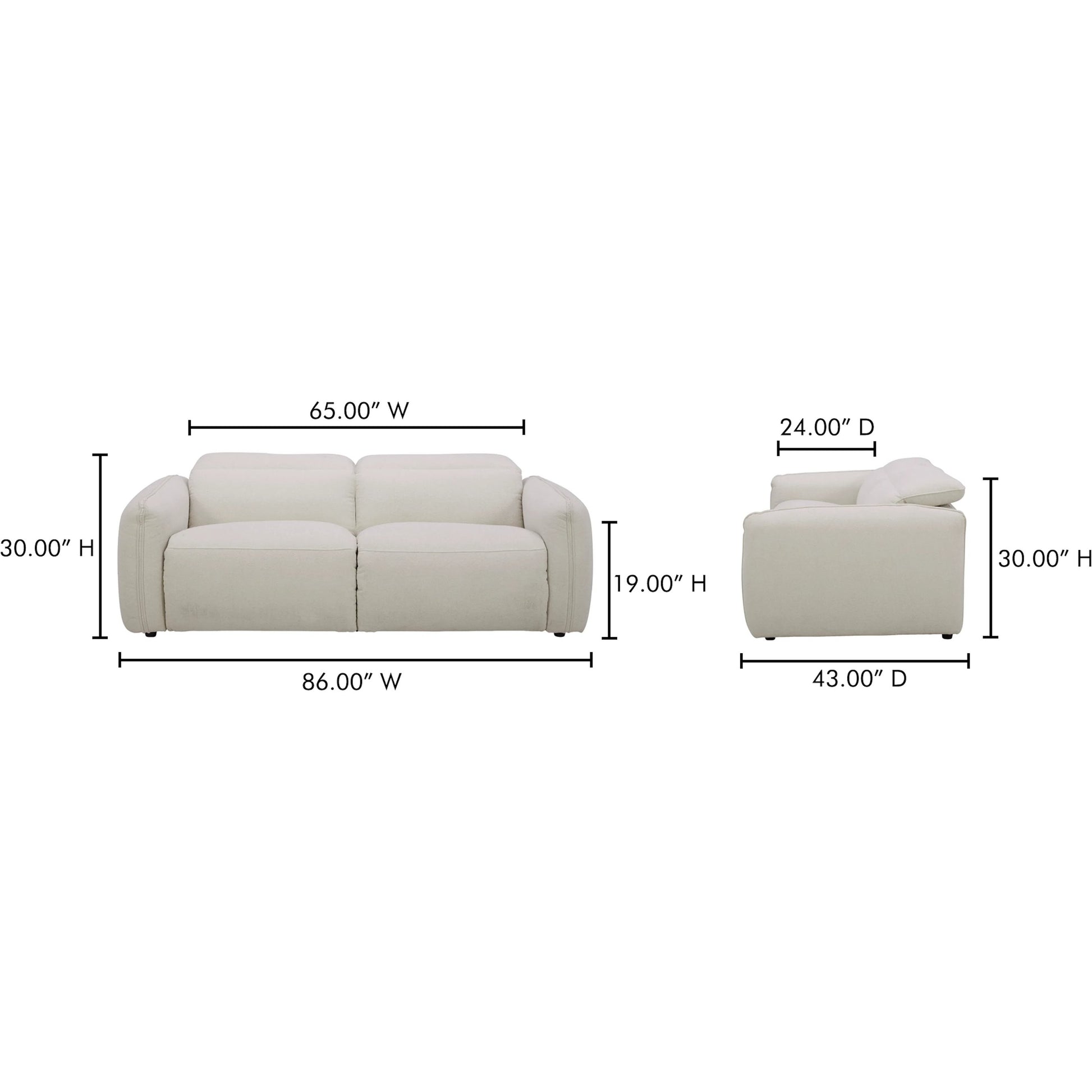 Eli Power Recliner Sofa by Moe's Home Collection. Made from 100% polyester, solid wood, plywood, high density foam, polyfill cushions, plastic black legs in a unique style.