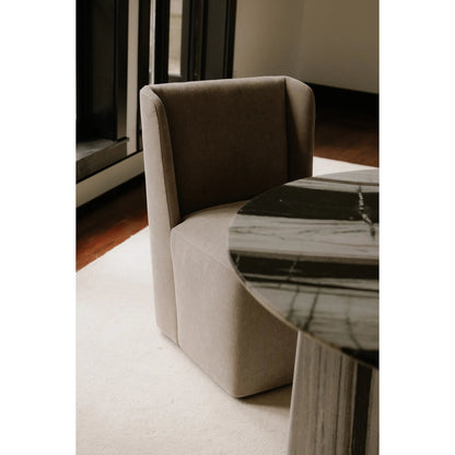 Cormac Rolling Dining Chair Performance Fabric by Moe's Home Collection. Made from upholstery: 100% polyester, poplar multi, layer board, laminated veneer lumber, high density foam, metal wheels in a transitional style.
