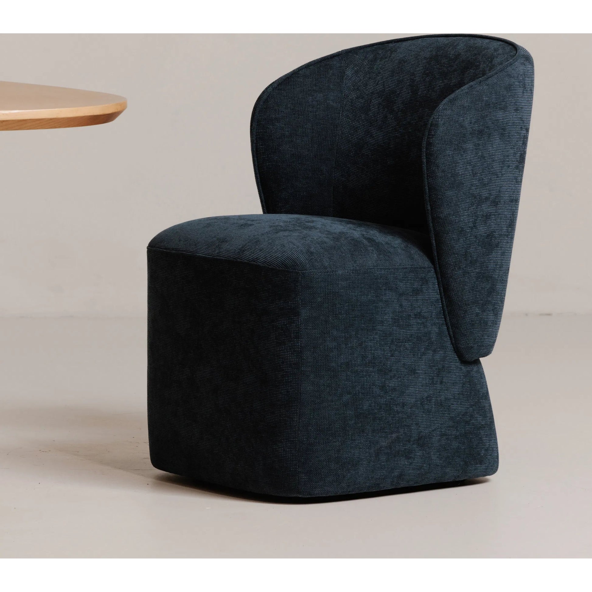 Larson Rolling Dining Chair Performance Fabric by Moe's Home Collection. Made from upholstery: 100% polyester, poplar multi, layer board, laminated veneer lumber, high density foam, metal wheels in a transitional style.