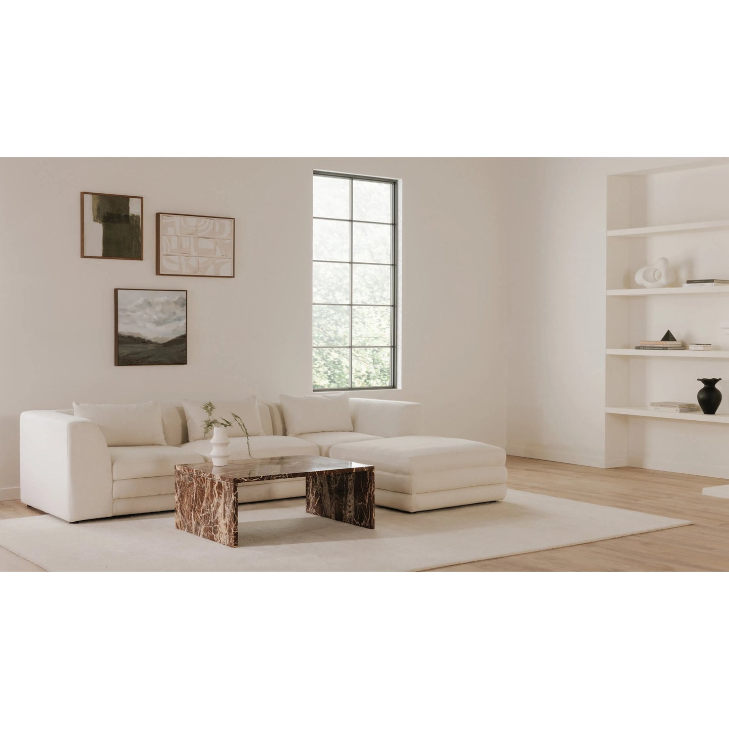 009 SI-2253837 | Lifestyle | Lowtide Lounge Modular Sectional by Moe's Home Collection in warm white. Made from upholstery: 100% polyester, solid wood, plywood frame, foam seat in a transitional style.