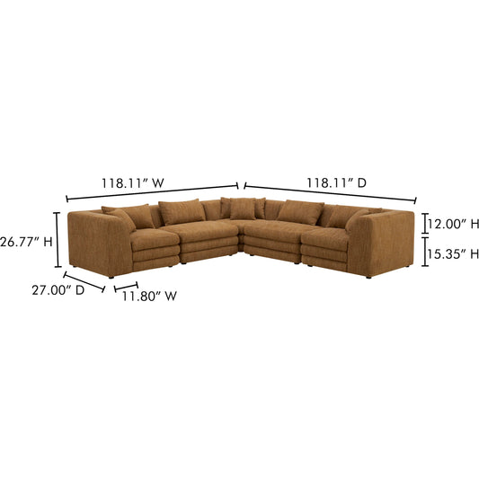 Lowtide Classic L Modular Sectional by Moe's Home Collection in amber glow. Made from upholstery: 100% polyester, solid wood, plywood frame, foam seat in a unique style.