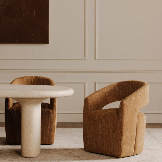 Barrow Rolling Dining Chair by Moe's Home Collection. Made from upholstery: 100% polyester, solid wood, plywood frame, feathers, high-density foam, poly-fill, webbing, rolling base in a modern style.