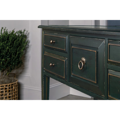 Charleston Five-Drawer Console Table by Hooker Furniture in charleston green. Made from maple veneers in a transitional style.