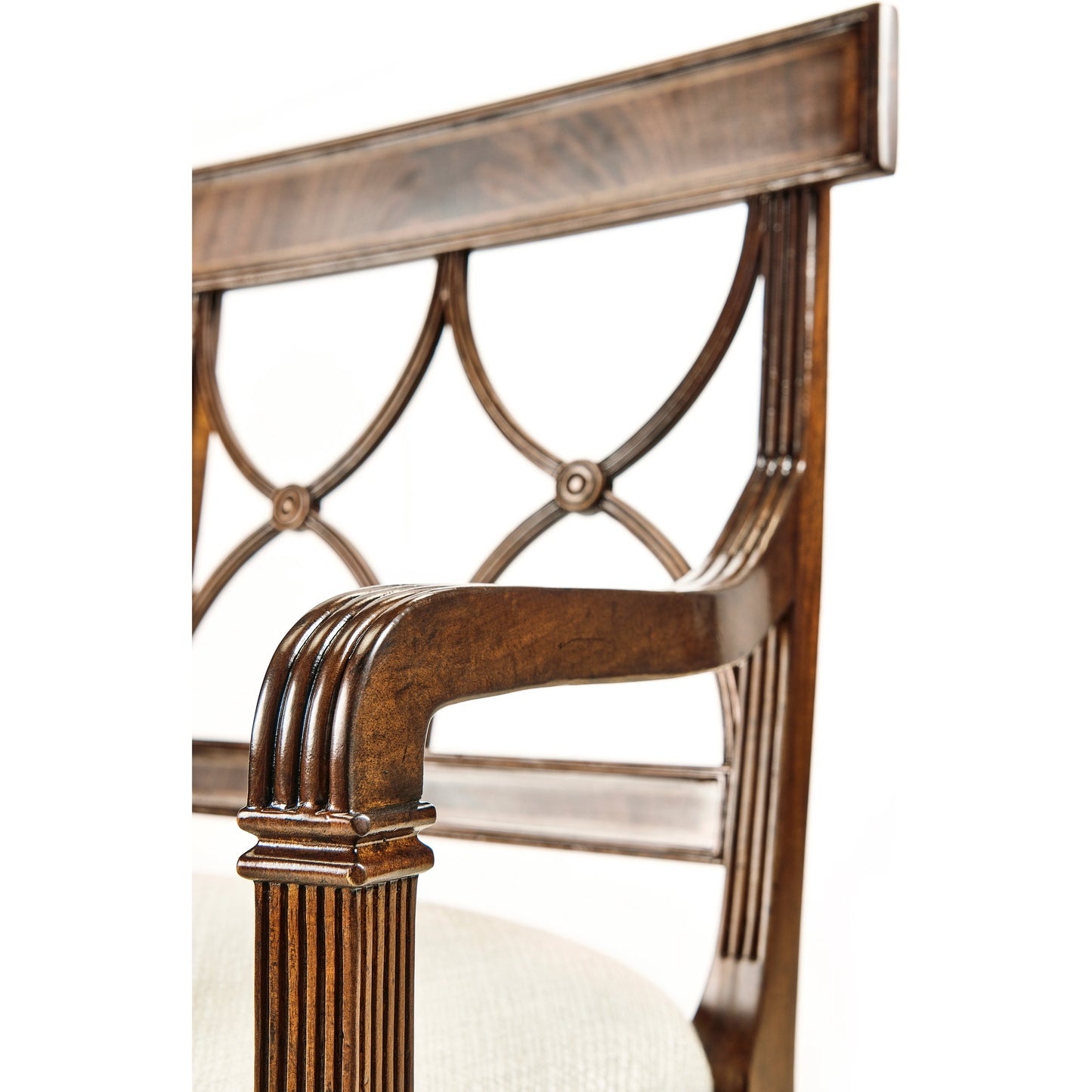 009 SI-1991052 | Closeup | Buckingham Regency Mahogany Curved Back Arm Chair by Jonathan Charles in antique mahogany medium. Made from acacia in a modern style.
