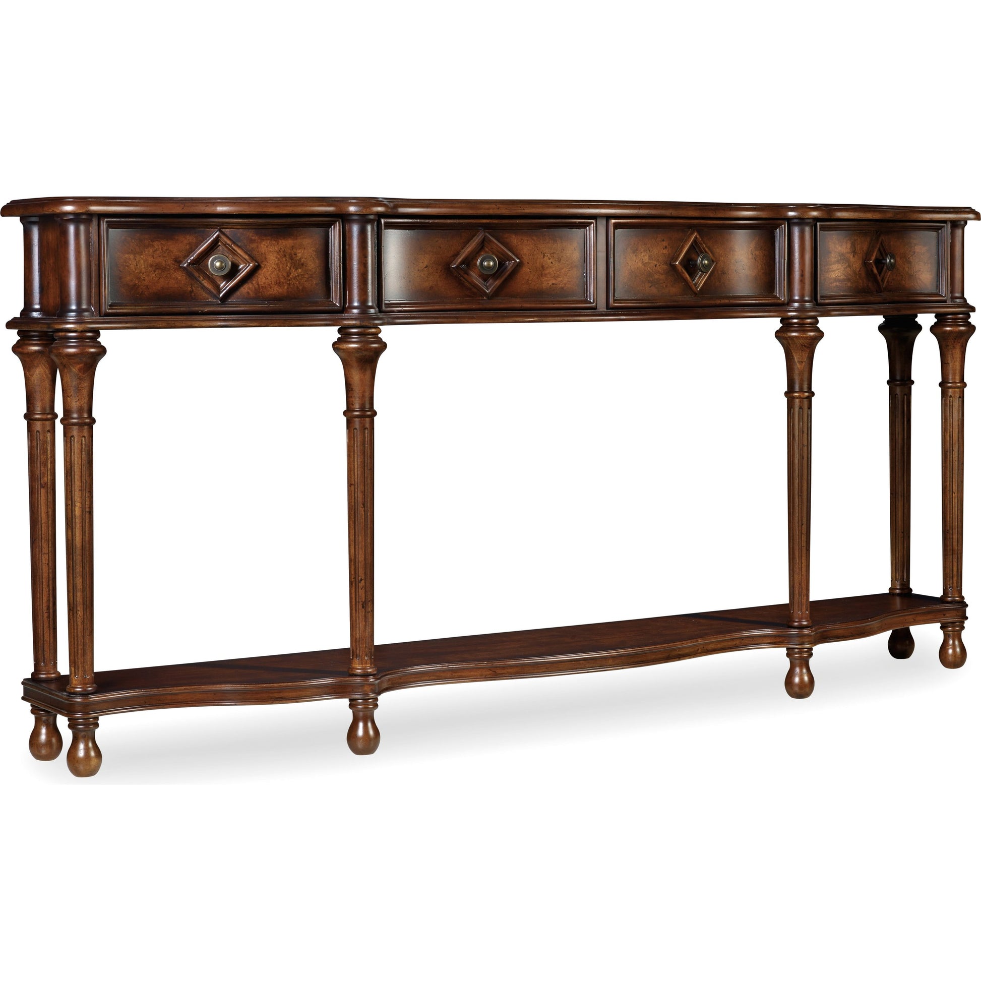 Hall Console by Hooker Furniture in cherry. Made from cherry, chestnut burl veneers in a traditional style.