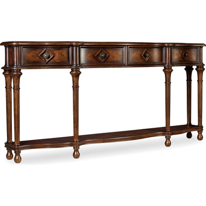 Hall Console by Hooker Furniture in cherry. Made from cherry, chestnut burl veneers in a traditional style.