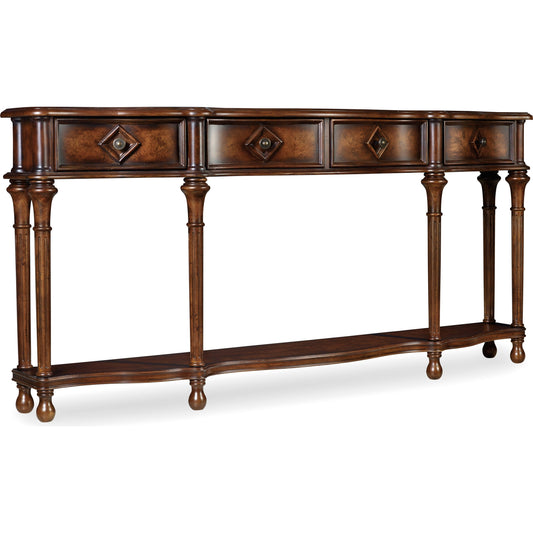 Hall Console by Hooker Furniture in cherry. Made from cherry, chestnut burl veneers in a unique style.