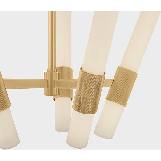 Krakow Chandelier by Corbett in vintage brass. Made from brass in a modern style.