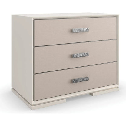 Silver Lining Nightstand by Caracole in silver and almond milk, brushed stainless. Made from poplar in a transitional style.