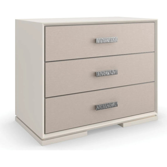 Silver Lining Nightstand by Caracole in silver and almond milk, brushed stainless. Made from poplar in a unique style.