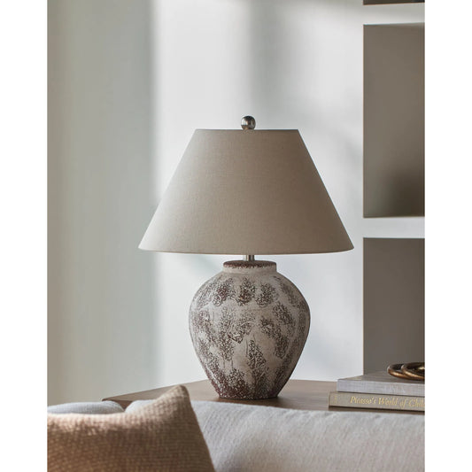 Kremis Accent Table Lamp by Livabliss in brown, beige and hand finished. Made from ceramic, linen, iron in a unique style.