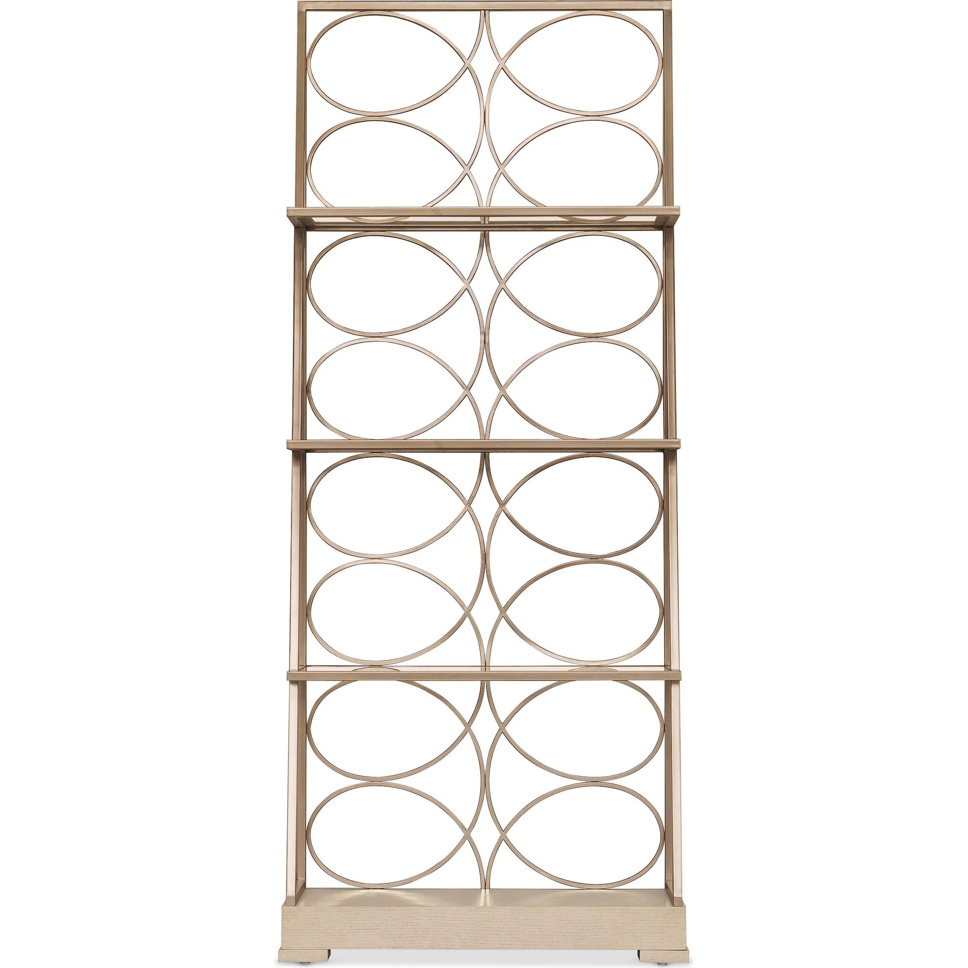 Melange Flourish Etagere by Hooker Furniture in light wood and polished limestone. Made from steel, oak veneers, glass in a transitional style.