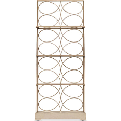 Melange Flourish Etagere by Hooker Furniture in light wood and polished limestone. Made from steel, oak veneers, glass in a transitional style.