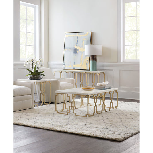 Evermore Console Table by Hooker Furniture in gold. Made from metal tube, metal bar, kalala white marble in a modern style.