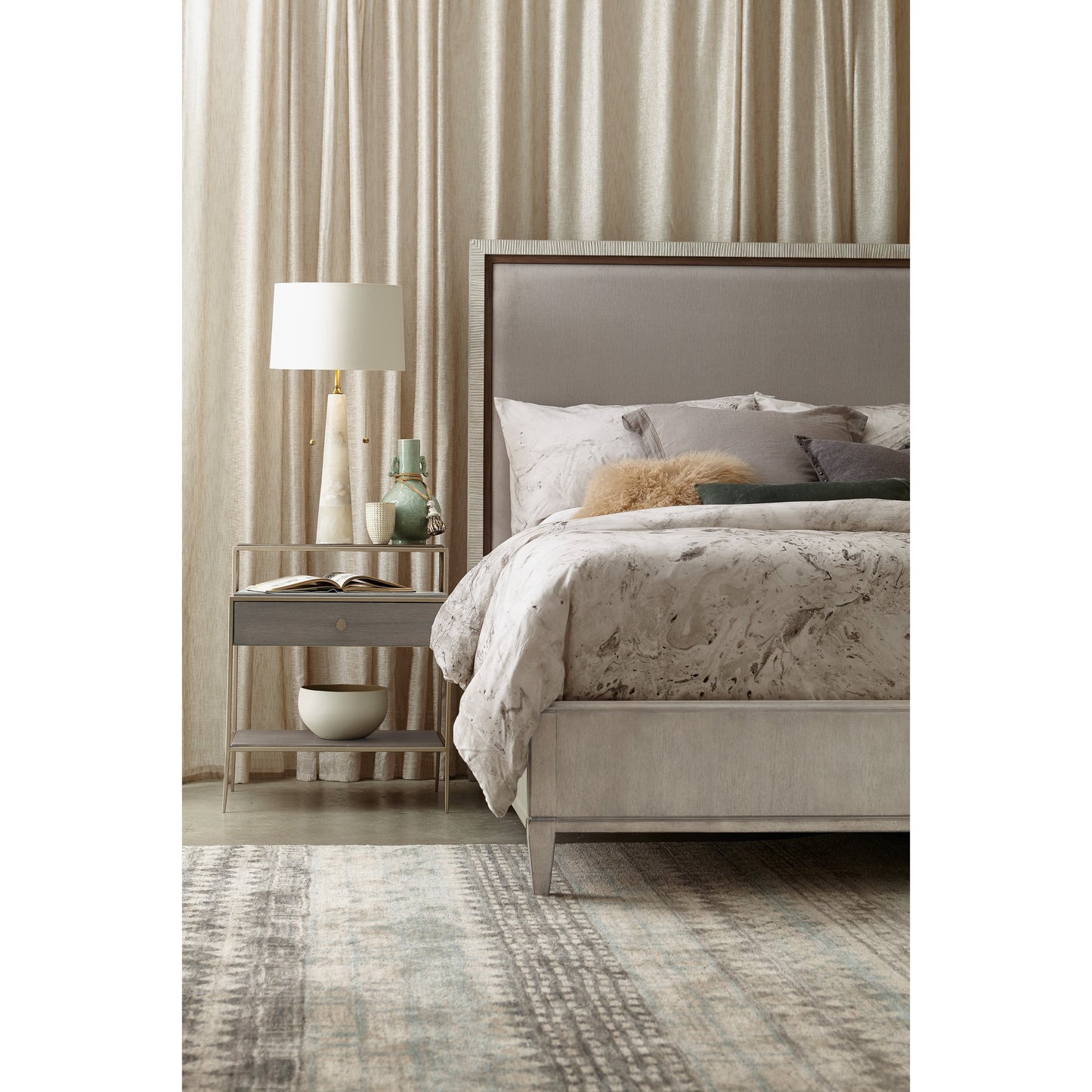 004 SI-1748834 | Lifestyle | Elixir Nightstand by Hooker Furniture in champagne silver. Made from chinese walnut veneers, metal in a modern style.