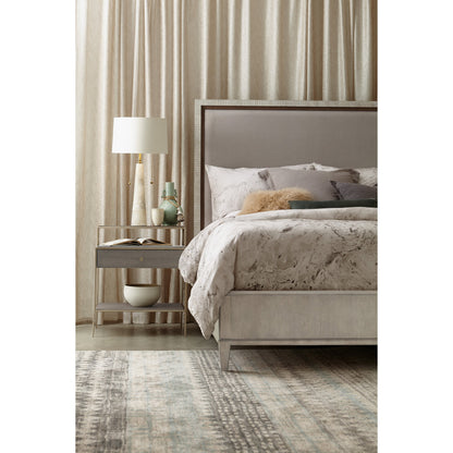 Elixir Bed by Hooker Furniture in grey and greige. Made from chinese walnut veneers, fabric in a modern style.