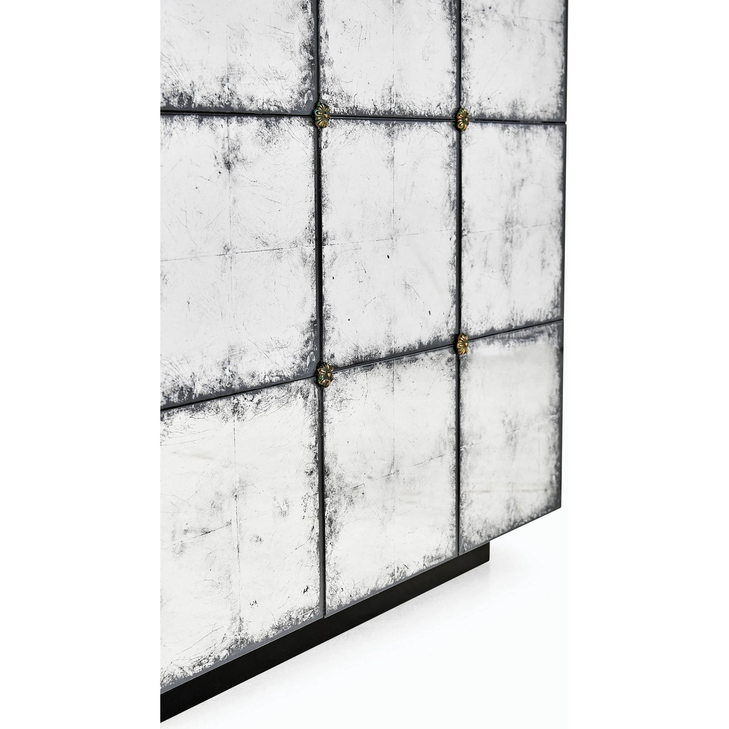 005 SI-2186356 | Closeup | Luna Square End Table by Jonathan Charles in silver and eglomise. Made from hardwood solids, glass, brass in a modern style.
