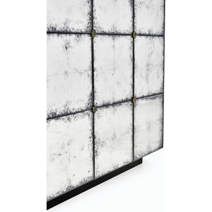 Luna Square End Table by Jonathan Charles in silver and eglomise. Made from hardwood solids, glass, brass in a modern style.