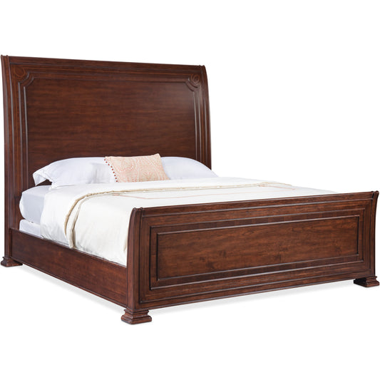 Charleston Sleigh Bed by Hooker Furniture in maraschino cherry. Made from cherry, walnut veneers with maple, walnut inlay in a traditional style.
