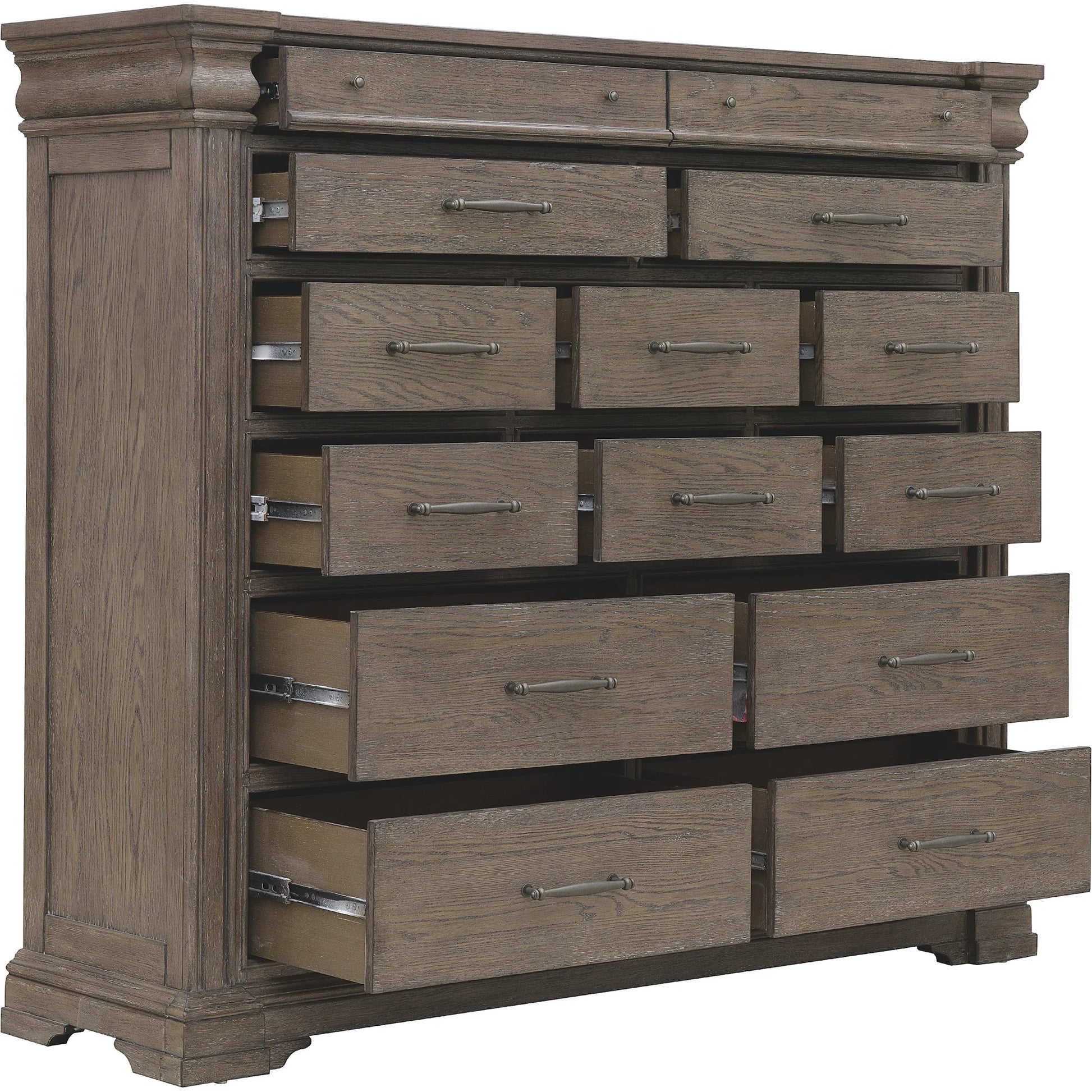 Madison Ridge 14 Drawer Master Chest by Pulaski Furniture in natural bark. Made from flat-cut white oak wood veneers in a unique style.