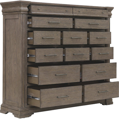 Madison Ridge 14 Drawer Master Chest by Pulaski Furniture in natural bark. Made from flat-cut white oak wood veneers in a unique style.
