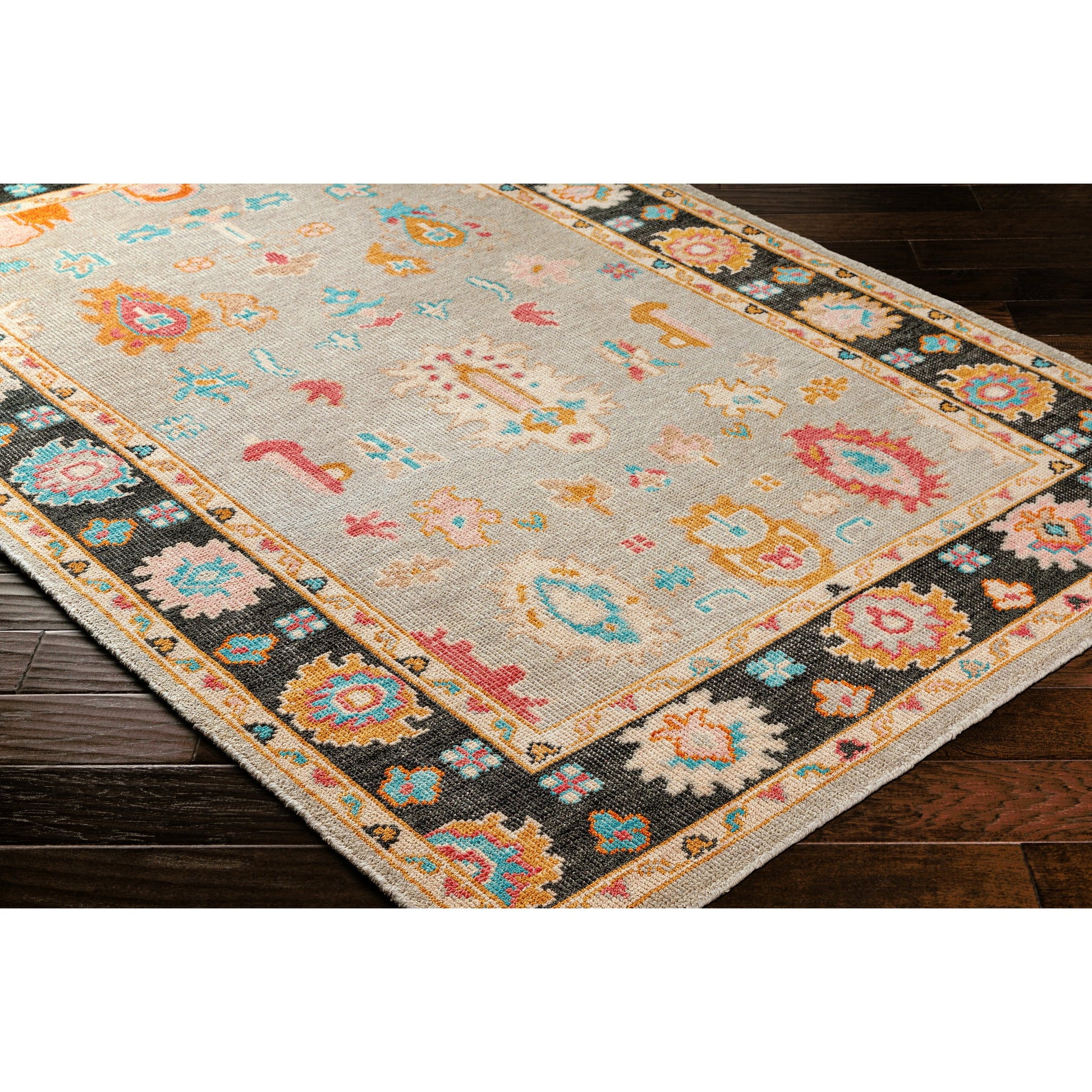 Kars Rug - 30331 by Surya in black, light blue, rose, pale pink, mustard, tan. Made from 80% wool, 20% cotton in a unique style.
