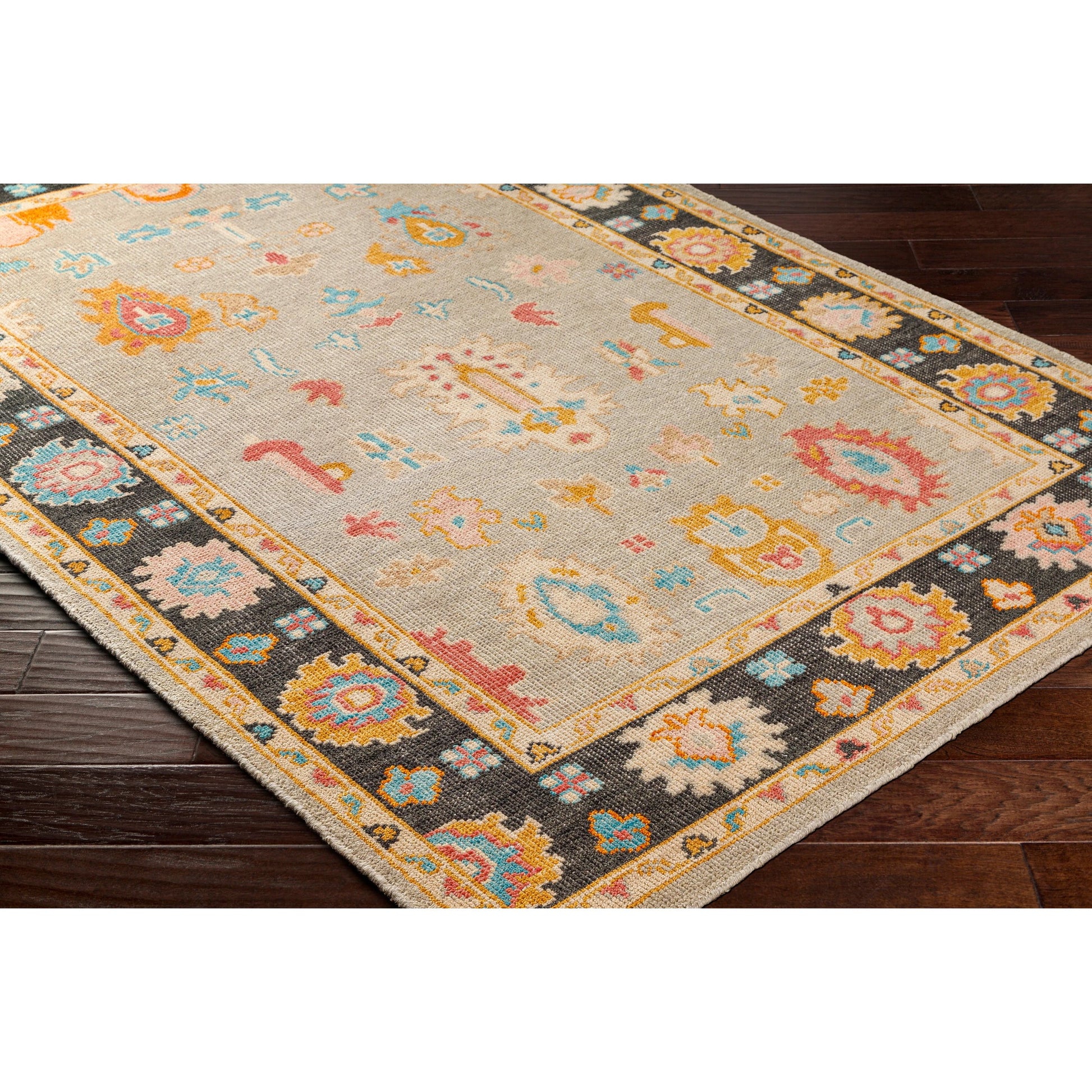 Kars KSA-2300 Rug by Surya in black, light blue, rose, pale pink, mustard, tan. Made from 80% wool, 20% cotton in a unique style.