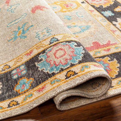 Kars KSA-2300 Rug by Surya in black, light blue, rose, pale pink, mustard, tan. Made from 80% wool, 20% cotton in a unique style.