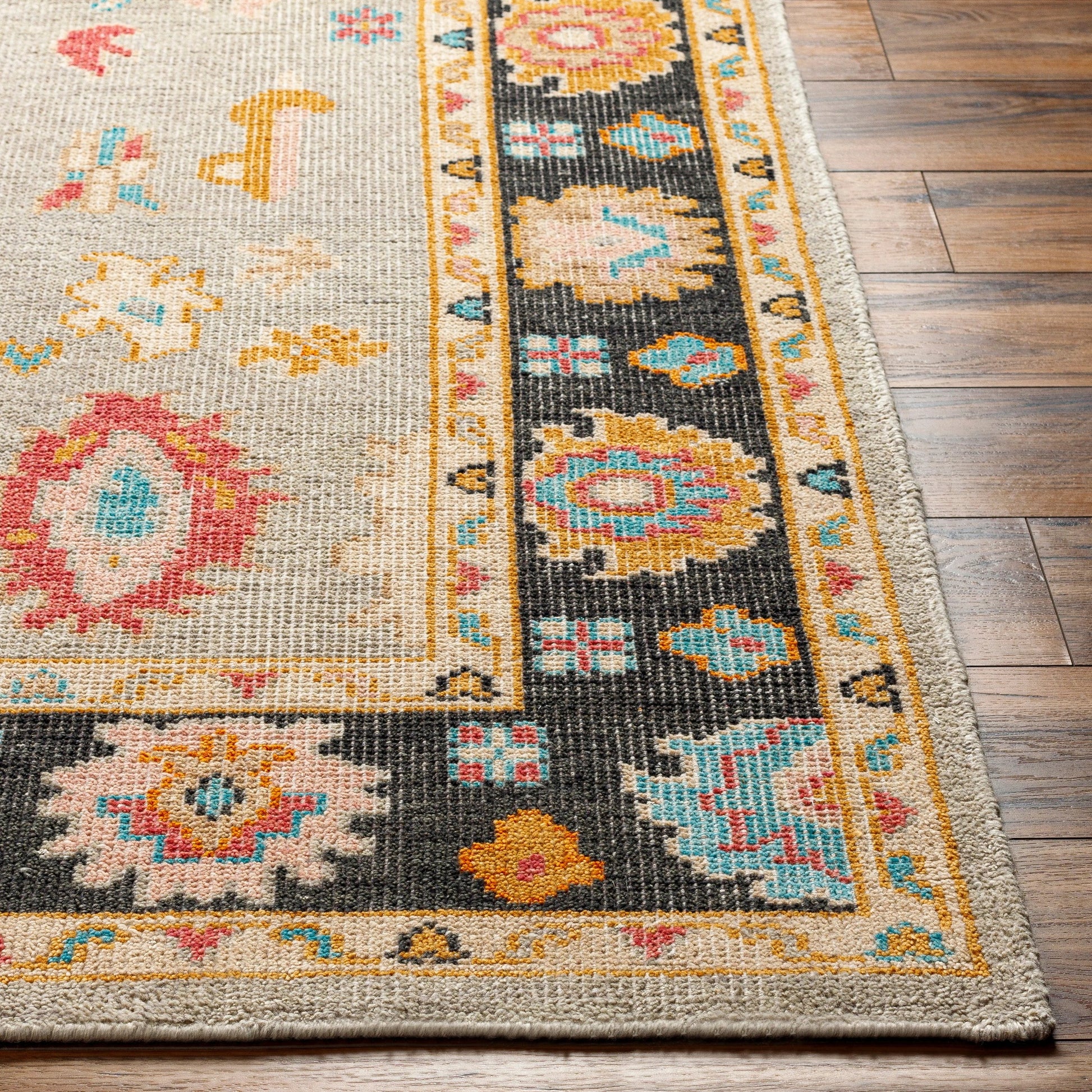 Kars KSA-2300 Rug by Surya in black, light blue, rose, pale pink, mustard, tan. Made from 80% wool, 20% cotton in a unique style.