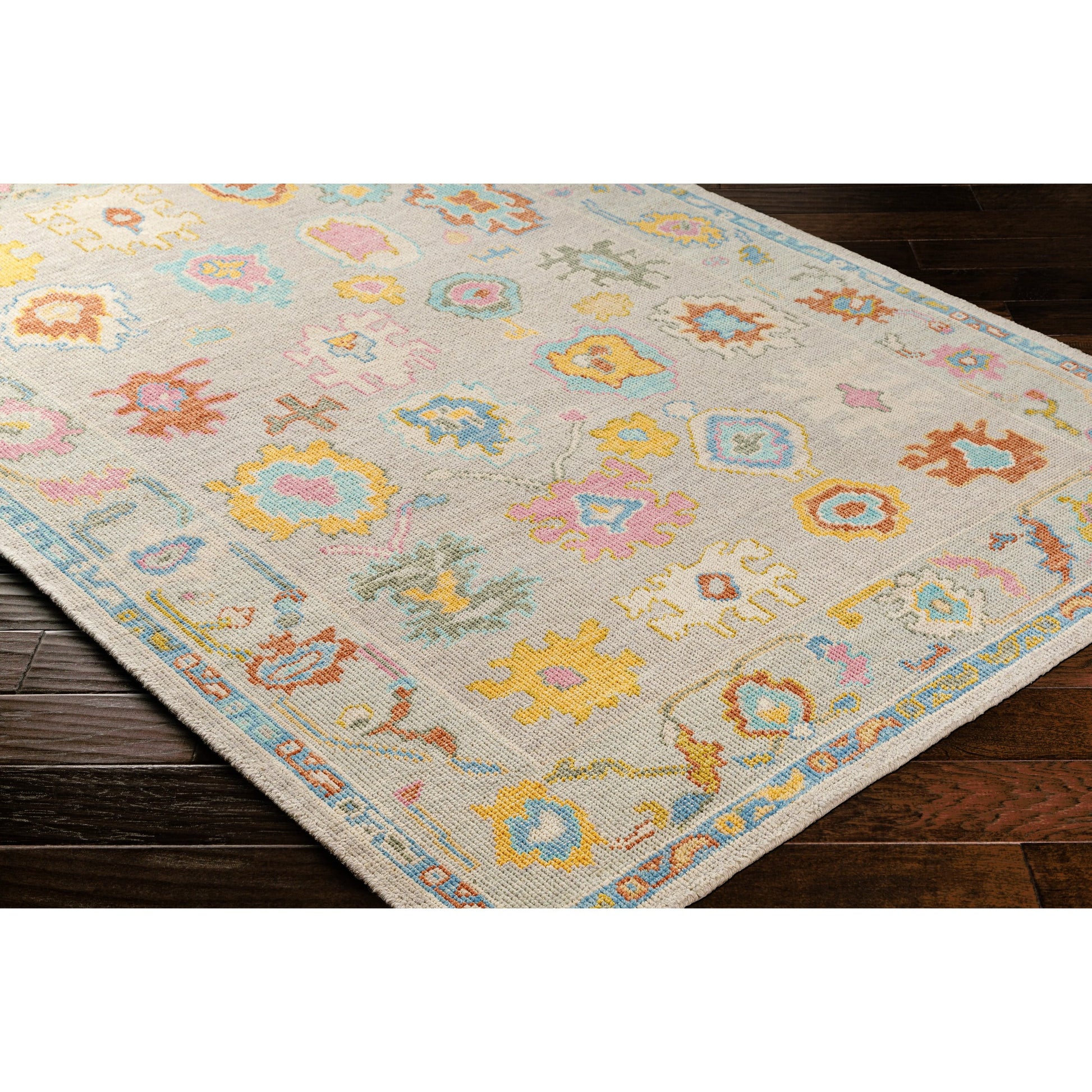 Kars Rug - 30333 by Surya in yellow, light pink, aqua, blue, rust, grass green. Made from 80% wool, 20% cotton in a unique style.
