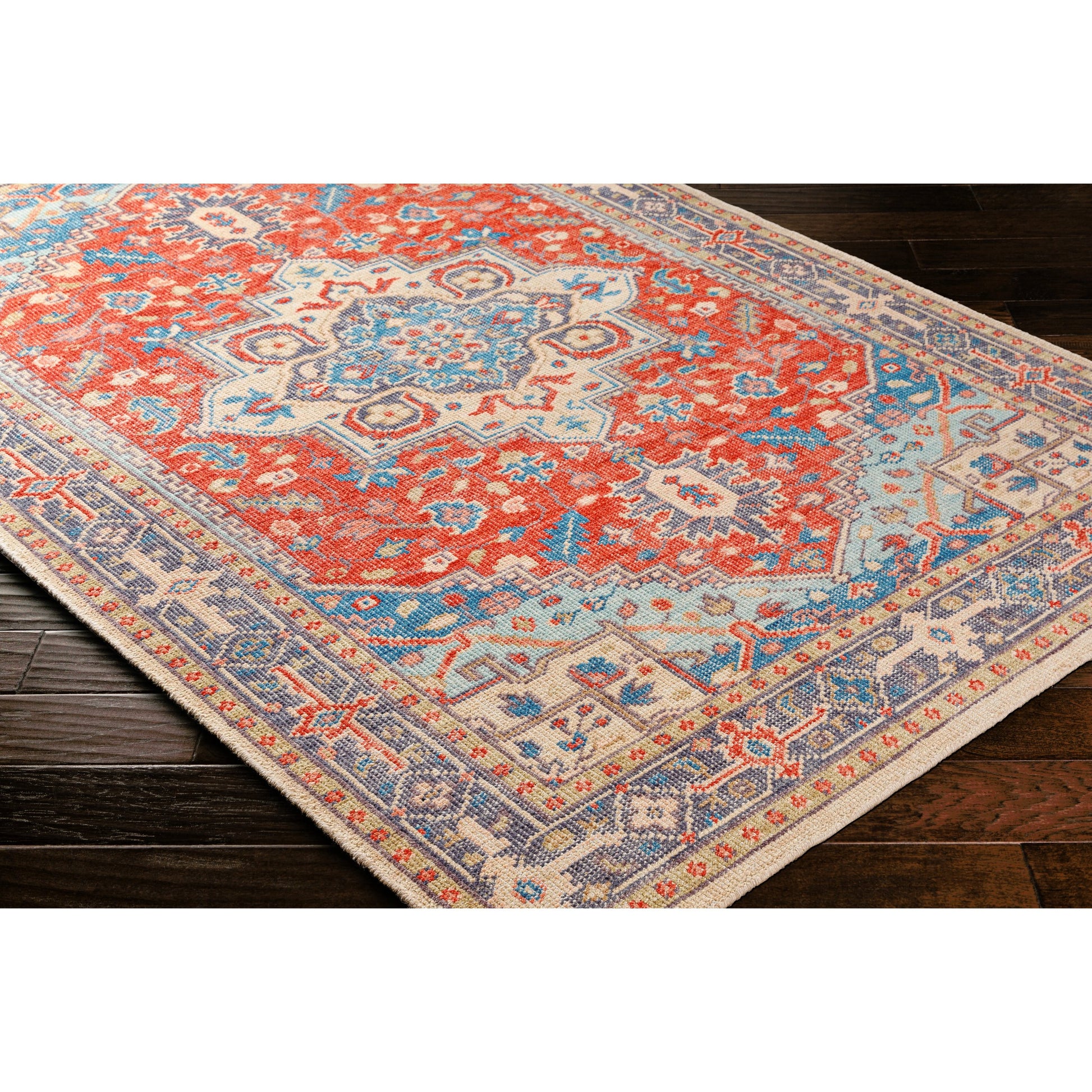 Kars Rug - 30334 by Surya in red, coral, blue, pale blue, tan, light beige. Made from 80% wool, 20% cotton in a unique style.