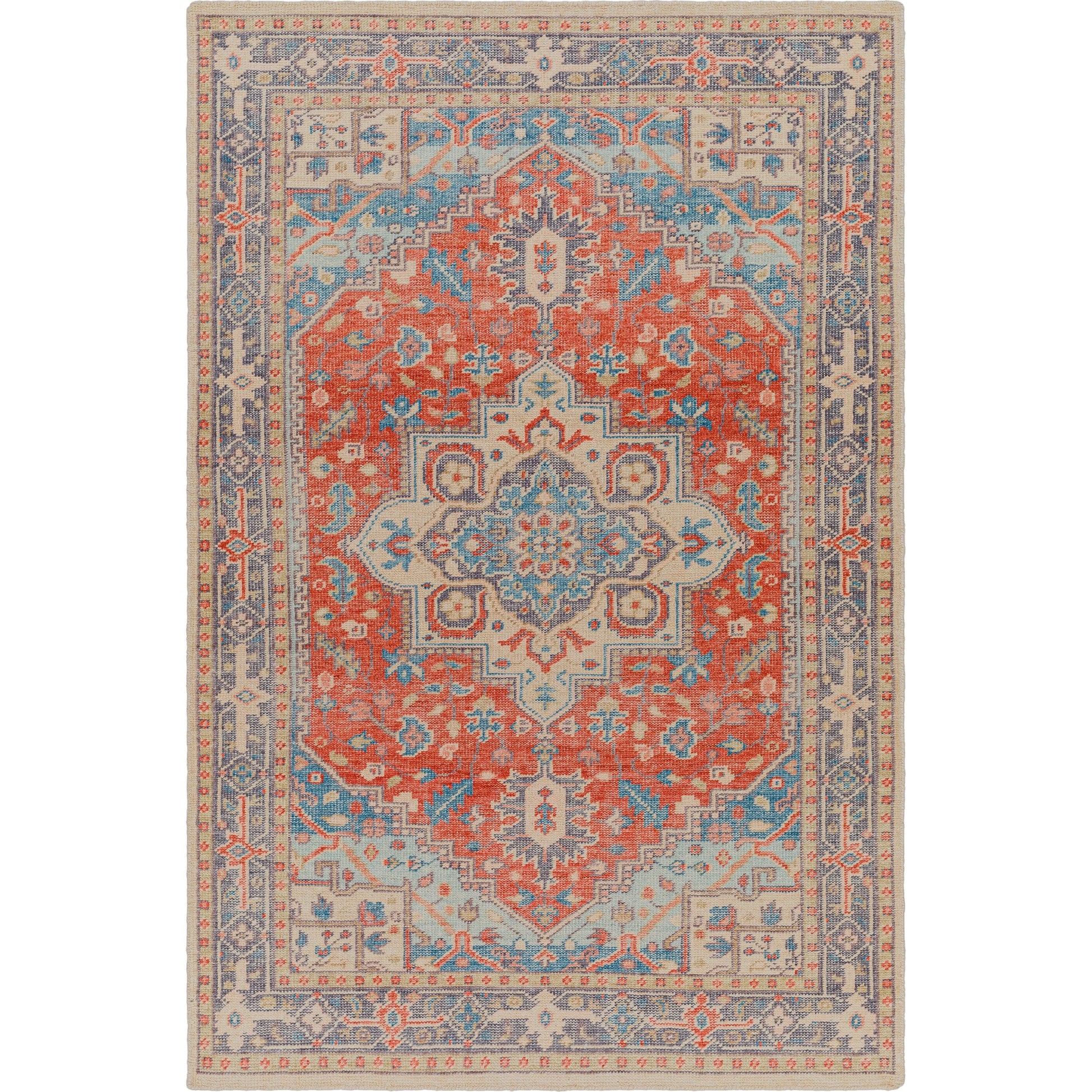 Kars Rug - 30334 by Surya in red, coral, blue, pale blue, tan, light beige. Made from 80% wool, 20% cotton in a unique style.