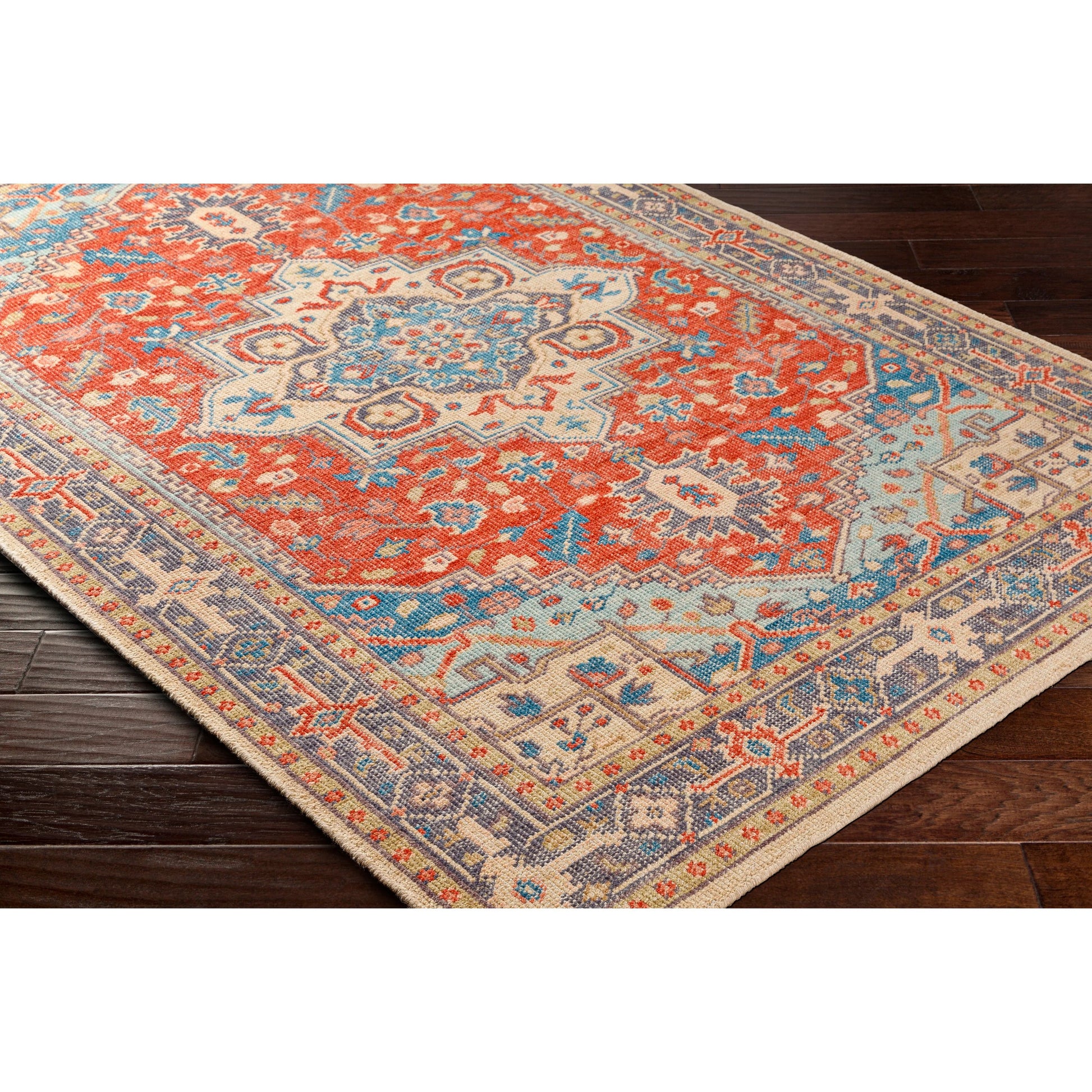 Kars Rug - 30334 by Surya in red, coral, blue, pale blue, tan, light beige. Made from 80% wool, 20% cotton in a unique style.
