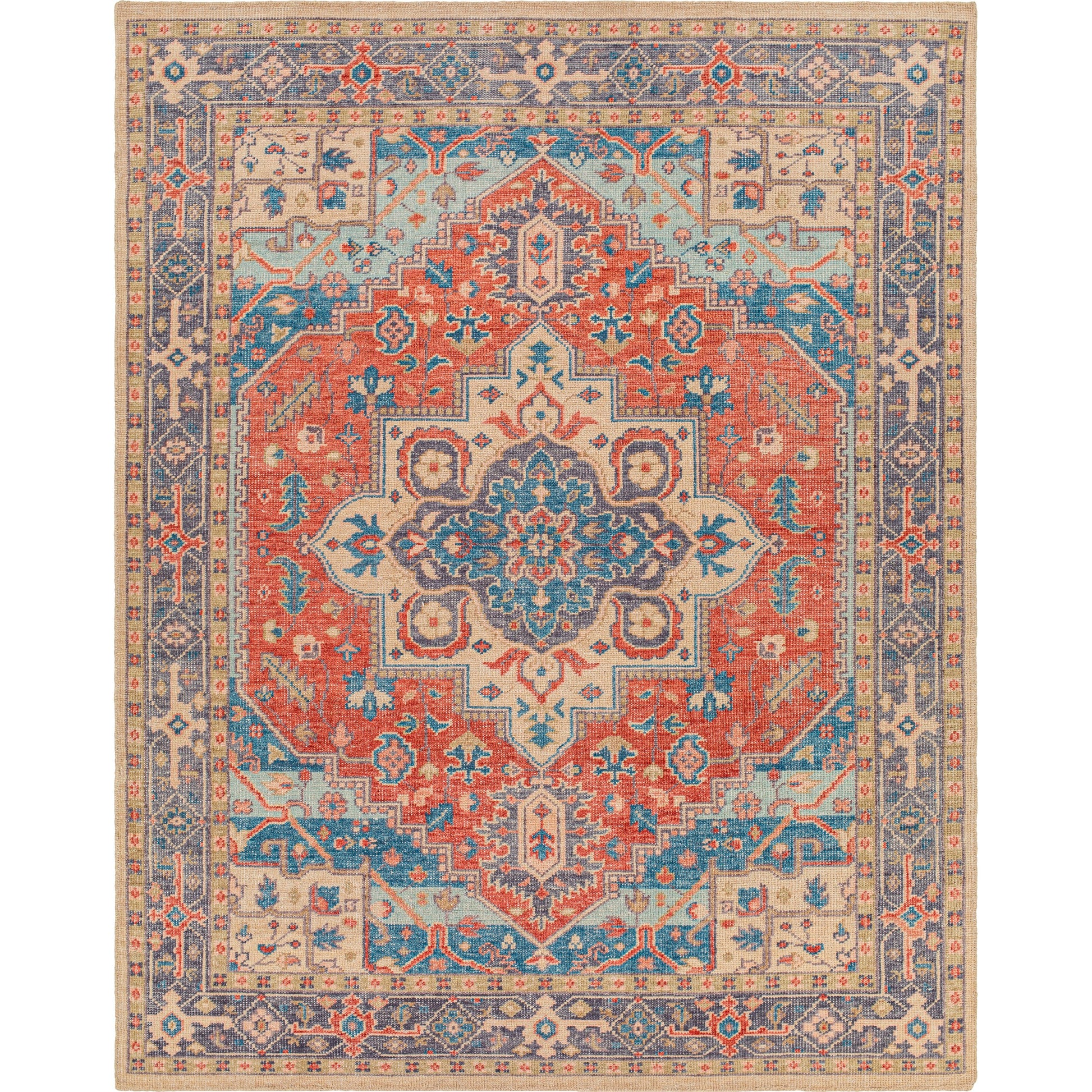 Kars Rug - 30334 by Surya in red, coral, blue, pale blue, tan, light beige. Made from 80% wool, 20% cotton in a unique style.
