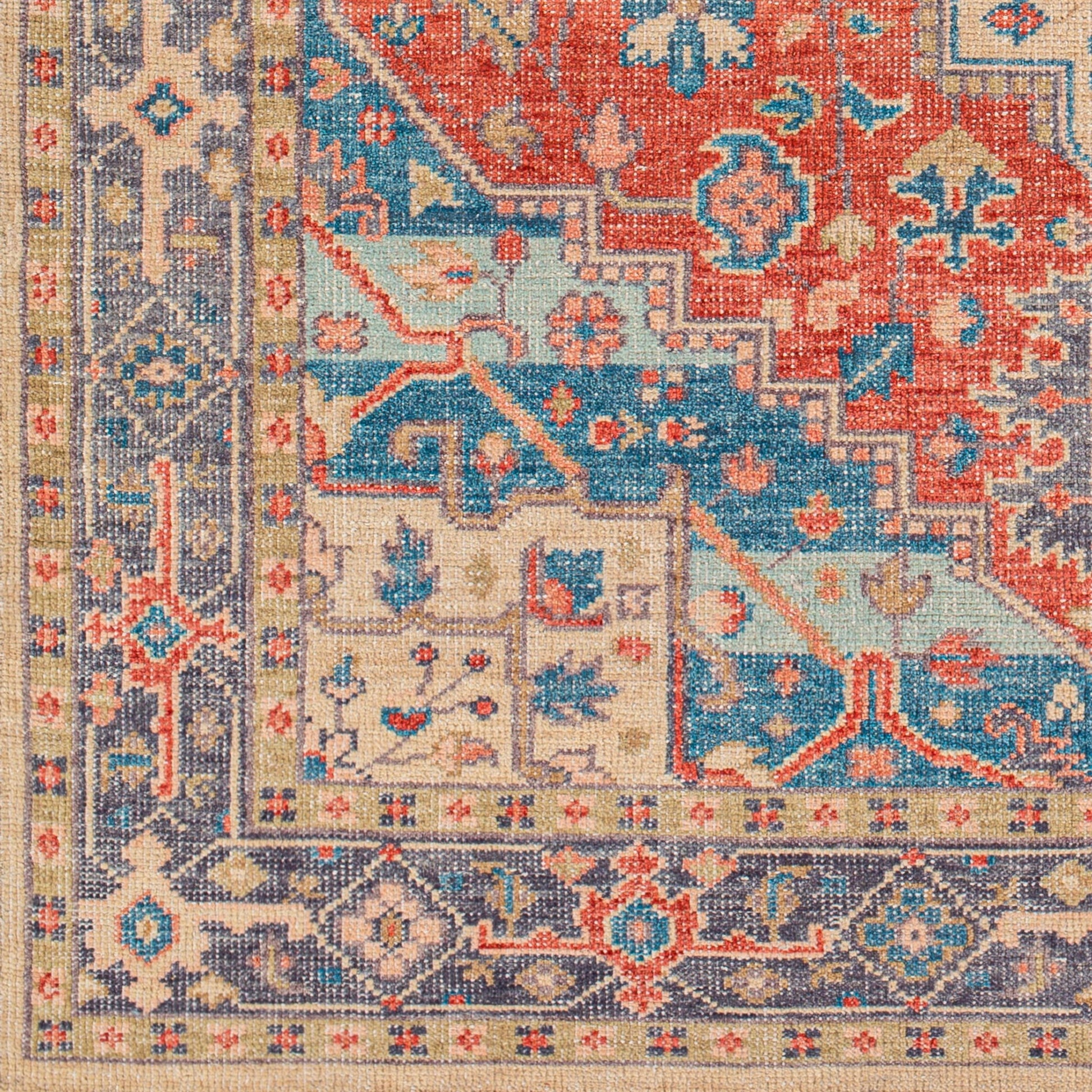 Kars Rug - 30334 by Surya in red, coral, blue, pale blue, tan, light beige. Made from 80% wool, 20% cotton in a unique style.