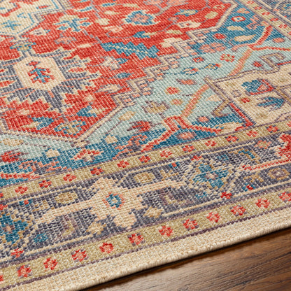 Kars Rug - 30334 by Surya in red, coral, blue, pale blue, tan, light beige. Made from 80% wool, 20% cotton in a unique style.