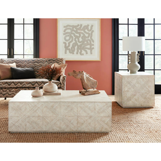 Commerce & Market Block Buster Cocktail Table by Hooker Furniture in whites, creams, beiges and white finish. Made from pine veneers in a modern style.
