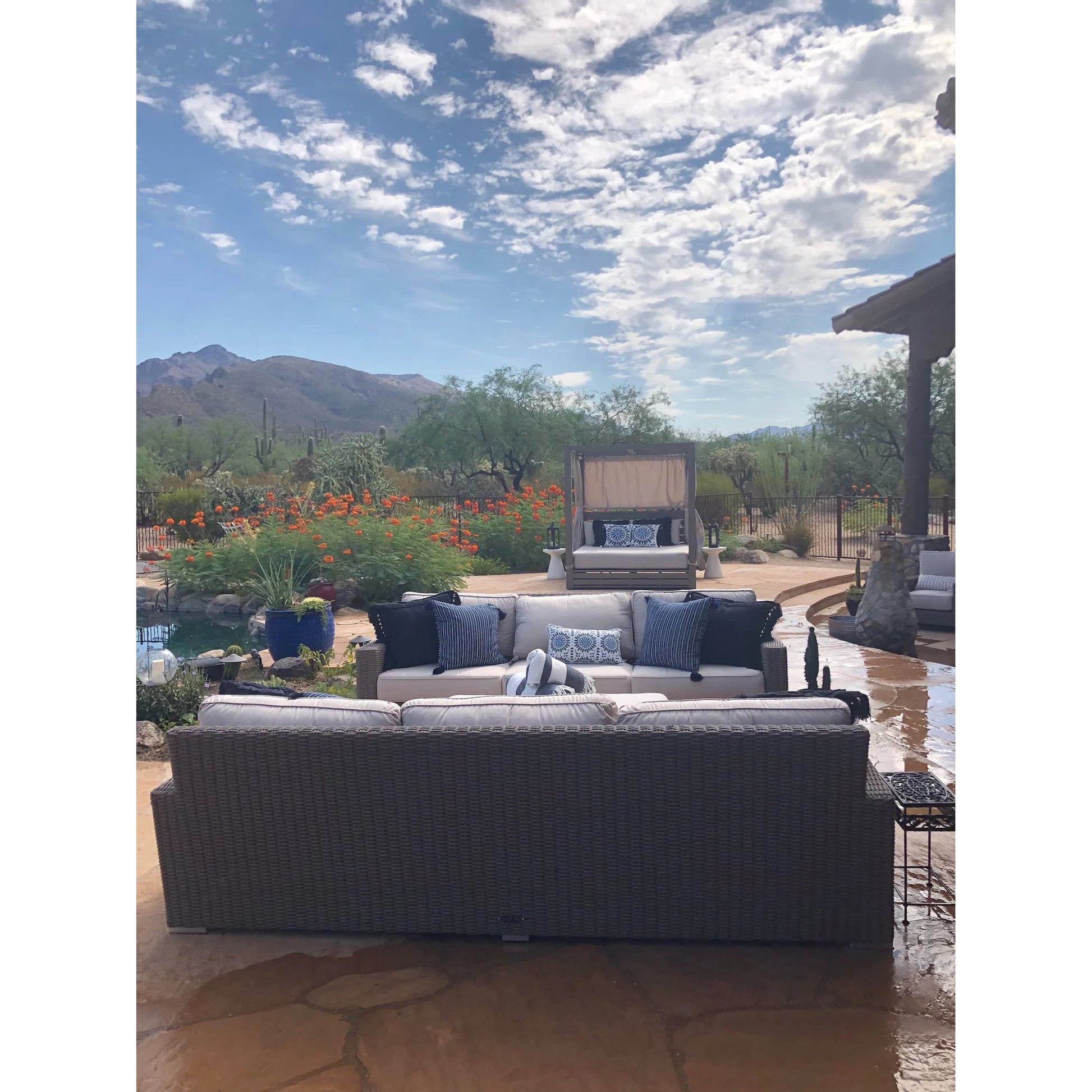 Coronado Outdoor Sofa in Canvas Flax by Sunset West in driftwood. Made from resin wicker in a modern style.