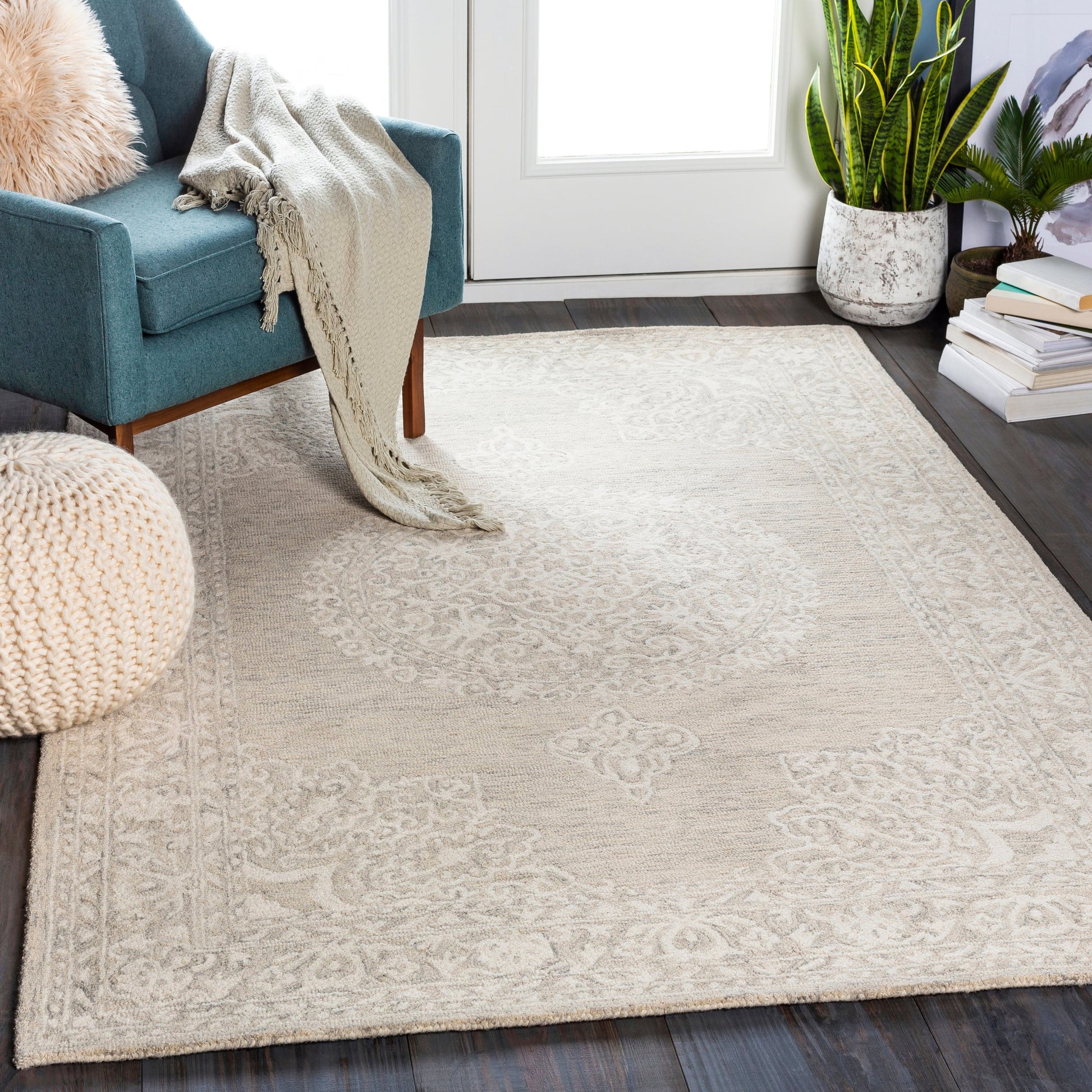 Kayseri Rug - 24665 by Livabliss in medium gray, light beige, cream. Made from 100% wool in a unique style.