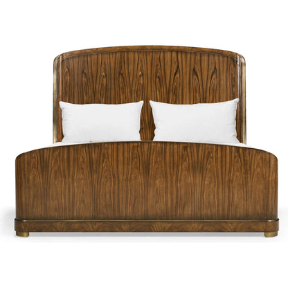 Viceroy Panel Bed by Jonathan Charles in brown and santos brown, antique brass. Made from mahogany, cerejeira veneers, santos rosewood crown veneers, brass in a traditional style.