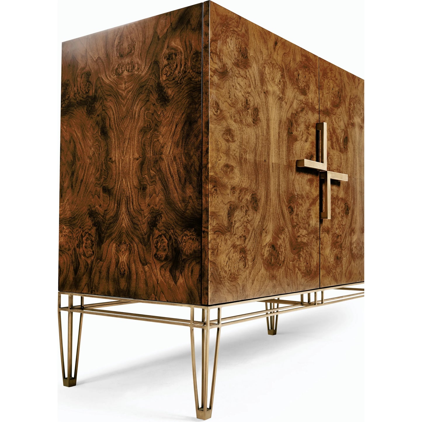 005 SI-2186352 | Closeup | Xo Sideboard by Jonathan Charles in brown and walnut burl, bronze. Made from walnut burl, stainless steel, brass in a modern style.