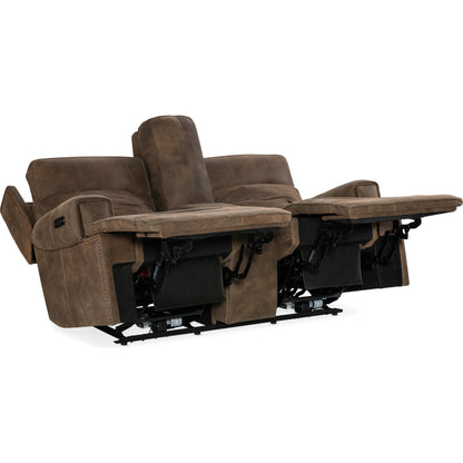 Wheeler Power Console Loveseat by Hooker Furniture in seville timber. Made from leather, seville timber (aniline). seville timber features natural hallmarks of the trail such as fat wrinkles healed scars, scratches, mite 