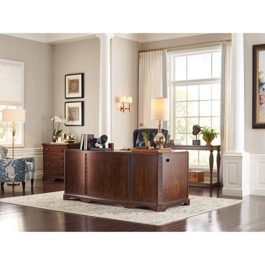 Charleston Executive Desk by Hooker Furniture in maraschino cherry. Made from cherry veneers with walnut, maple inlay, leather, solid-wood edge top in a traditional style.