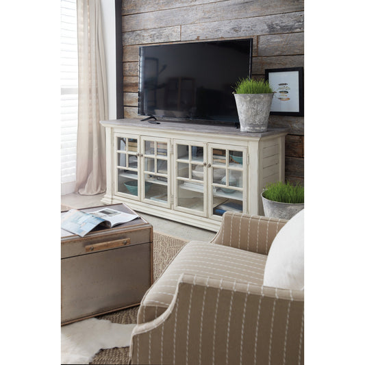 Lagunitas Entertainment Console by Hooker Furniture in white. Made from oak veneers in a coastal style.