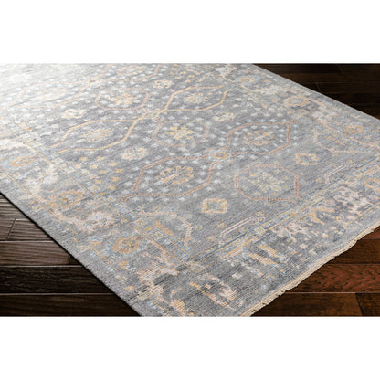 Kushal Rug KUS-2304 by Surya in wheat, pale blue, cream, charcoal, light gray. Made from 70% viscose, 30% wool in a traditional style.