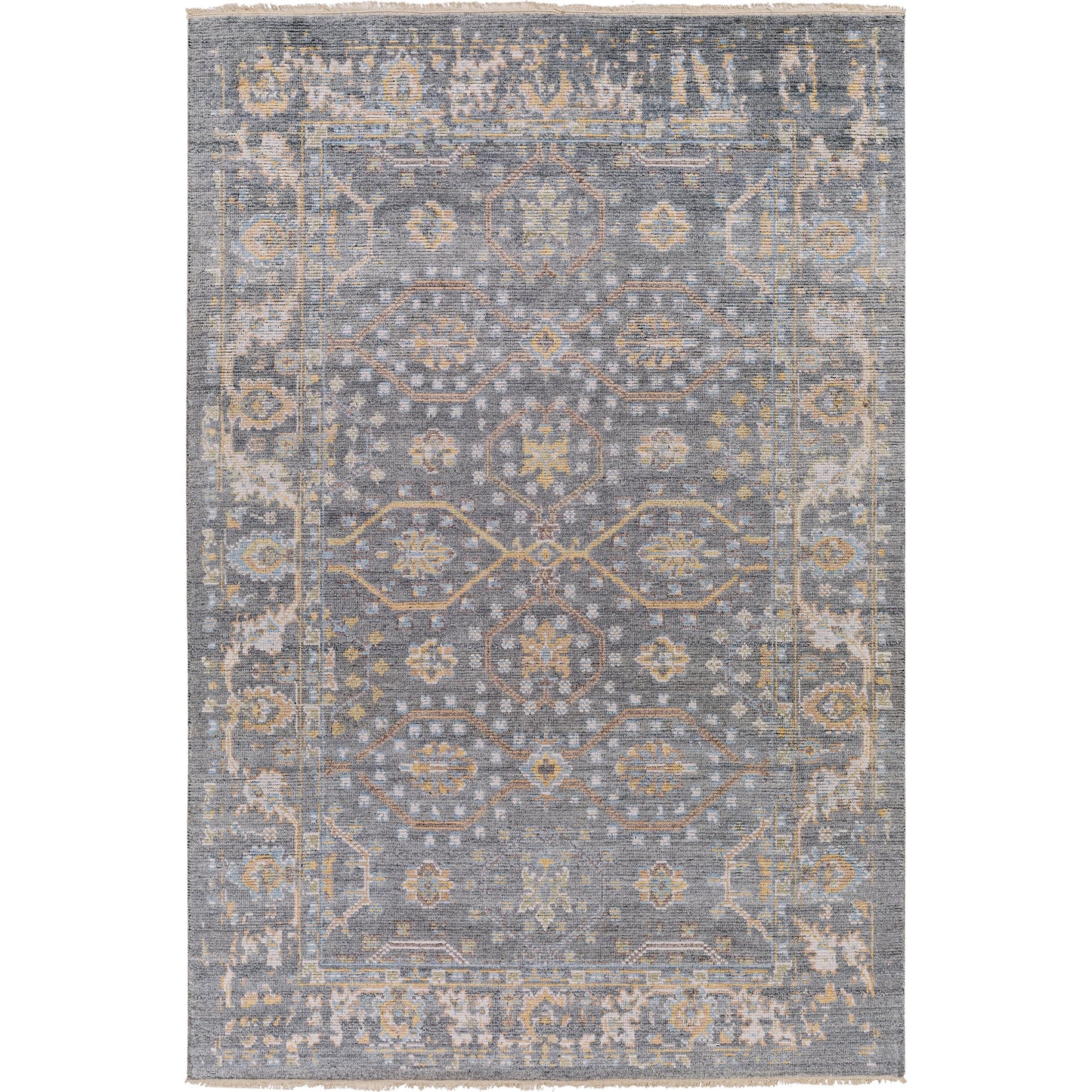 002 SI-1884361,SI-1884362 | Primary Silo | Kushal Rug KUS-2304 by Surya in wheat, pale blue, cream, charcoal, light gray. Made from 70% viscose, 30% wool in a traditional style.