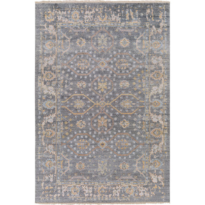 Kushal Rug KUS-2304 by Surya in wheat, pale blue, cream, charcoal, light gray. Made from 70% viscose, 30% wool in a traditional style.