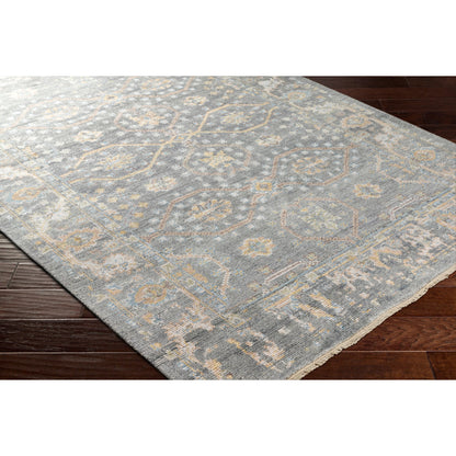 Kushal Rug KUS-2304 by Surya in wheat, pale blue, cream, charcoal, light gray. Made from 70% viscose, 30% wool in a traditional style.